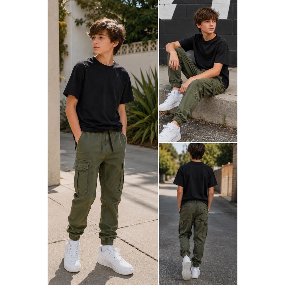 Ring of Fire Cargo Jogger Pants Boys 14 Olive Green Cotton Utility Joggers Y2K